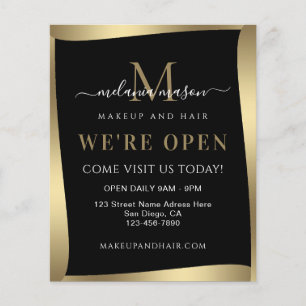 Elegant We're Open Salon Black Gold Minimalist Flyer