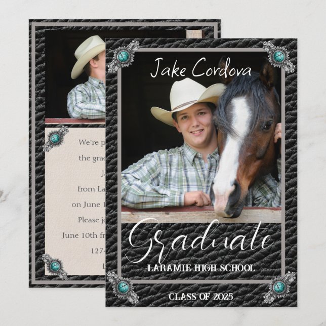 Elegant Western Style Leather Photo Graduation Inv Invitation (Front/Back)