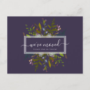 Elegant We've Moved Blue Botanical Script Postcard