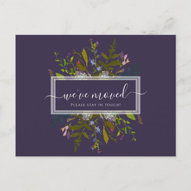 Elegant We've Moved Blue Botanical Script Postcard (Front)