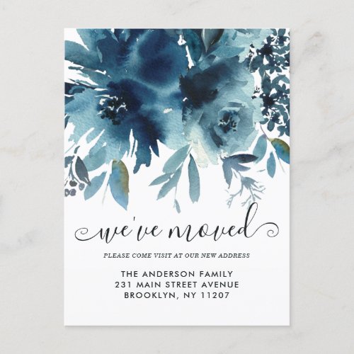 Elegant Weve Moved Floral Navy Blue Rose Moving Announcement Postcard