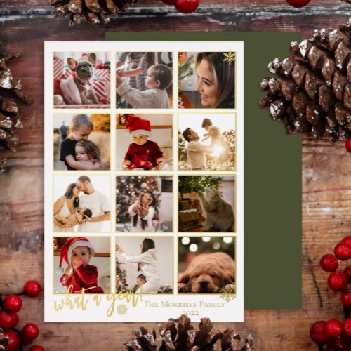 Elegant What A Year 12 Photo Snowflakes Foil Holiday Card