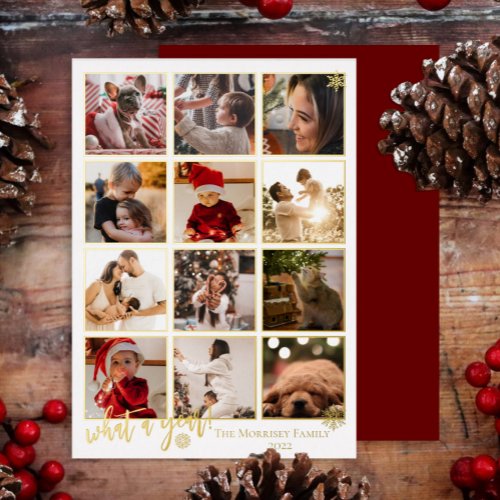 Elegant What A Year 12 Photo Snowflakes Foil Holiday Card