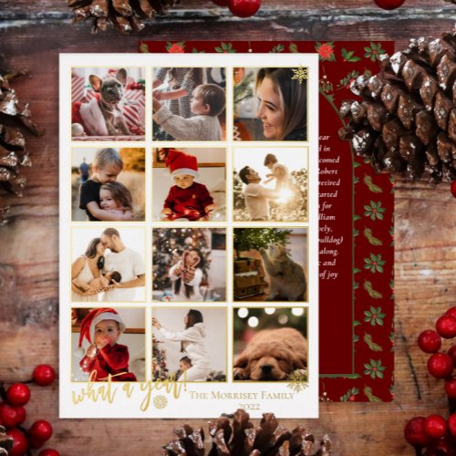 Elegant What A Year 12 Photo Snowflakes Message Foil Holiday Card
