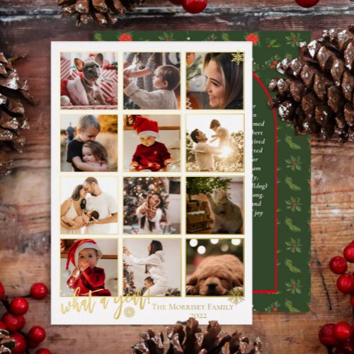 Elegant What A Year 12 Photo Snowflakes Message Foil Holiday Card