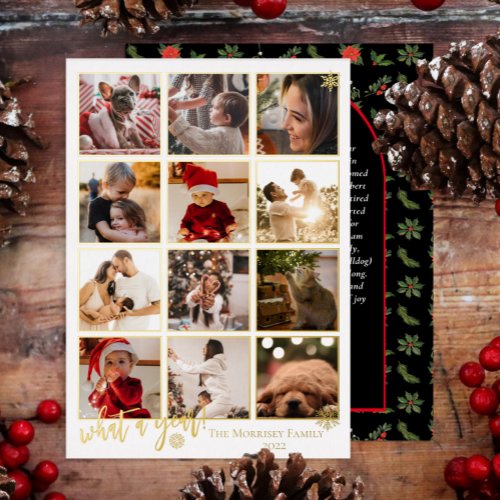 Elegant What A Year 12 Photo Snowflakes Message Foil Holiday Card