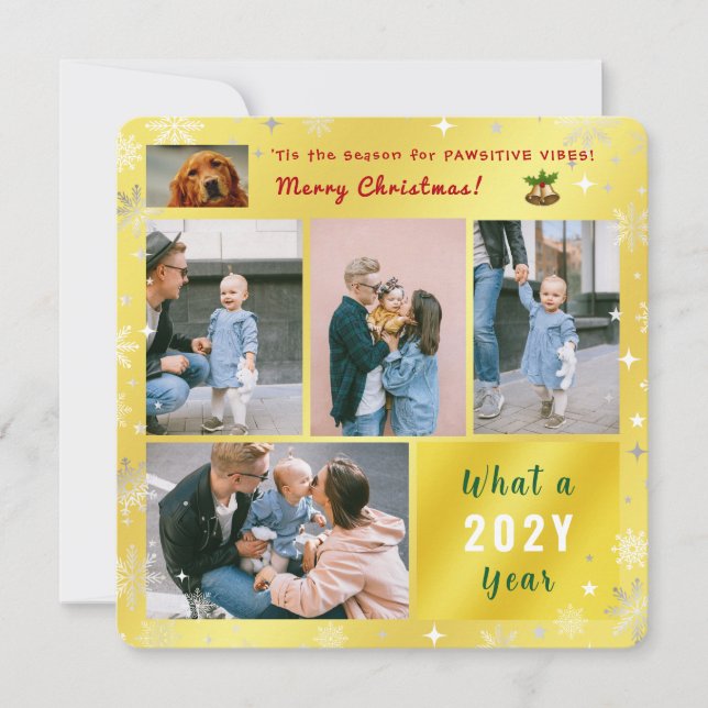 Elegant What a Year Funny Dog Photo Collage Golden Holiday Card (Front)