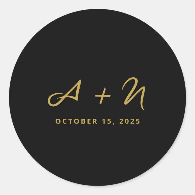 Elegant Whimsical Black and Gold Monogram Wedding Classic Round Sticker ...