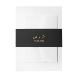 Elegant Whimsical Black and Gold Monogram Wedding Invitation Belly Band