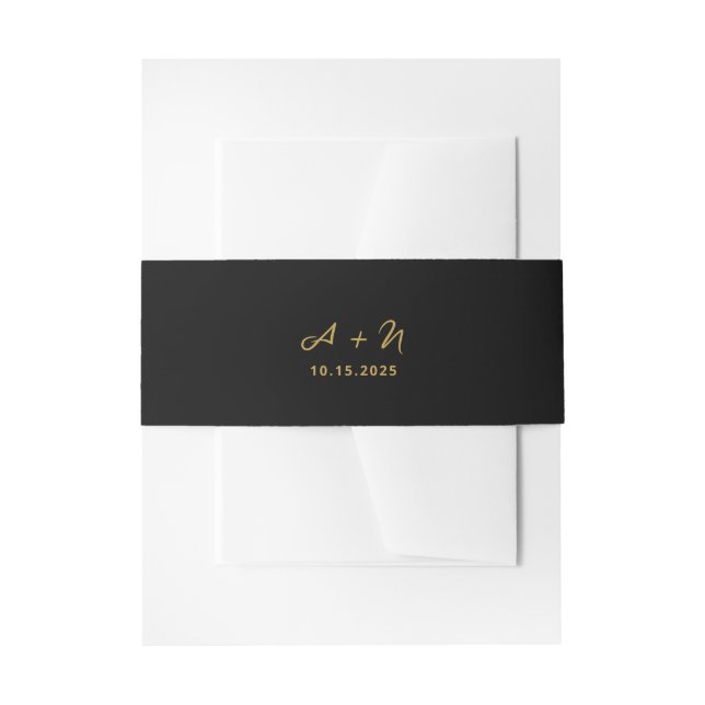 Elegant Whimsical Black and Gold Monogram Wedding Invitation Belly Band (Front Example)