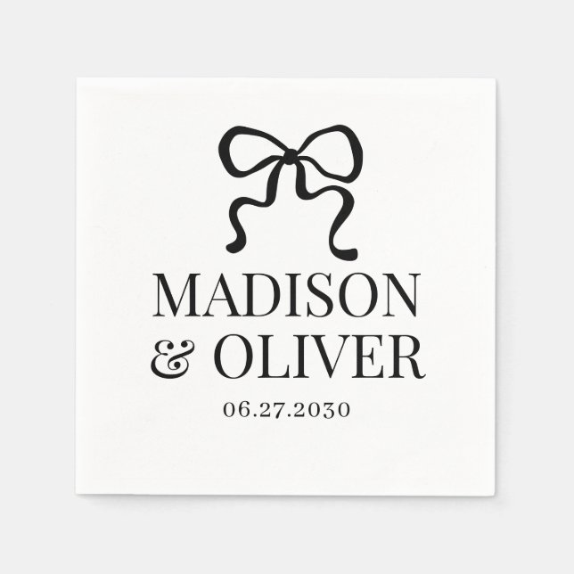 Elegant Whimsical Black Bow Monogram Wedding Napkins (Front)