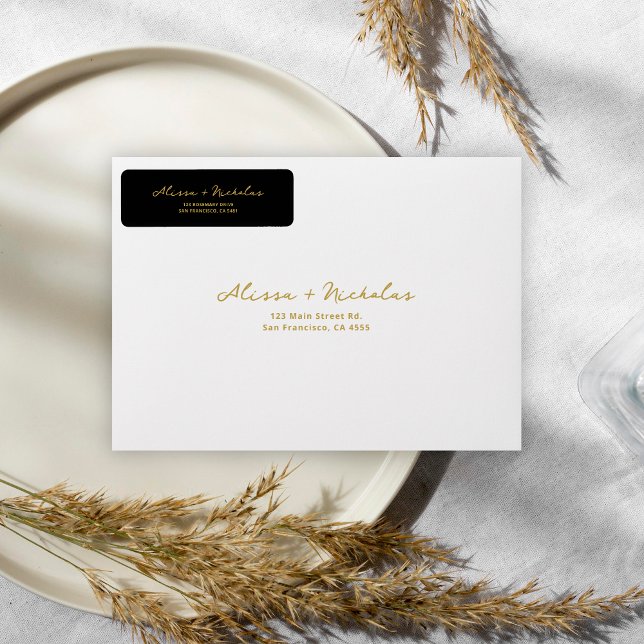 Elegant Whimsical Black & Gold Wedding Address Label (Creator Uploaded)