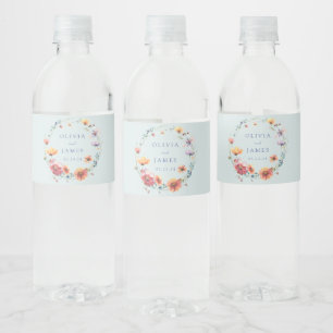Elegant Whimsical Blue Wildflower Wedding Water Bottle Label