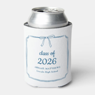 Elegant Whimsical Bow Blue Custom Graduation Favor Can Cooler