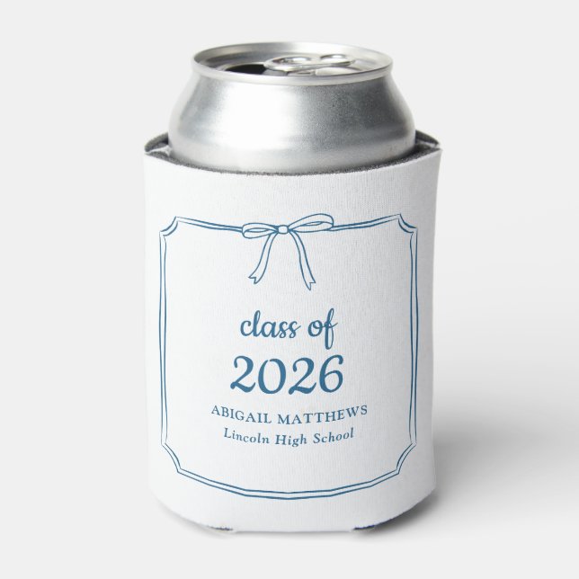 Elegant Whimsical Bow Blue Custom Graduation Favor Can Cooler (Can Front)
