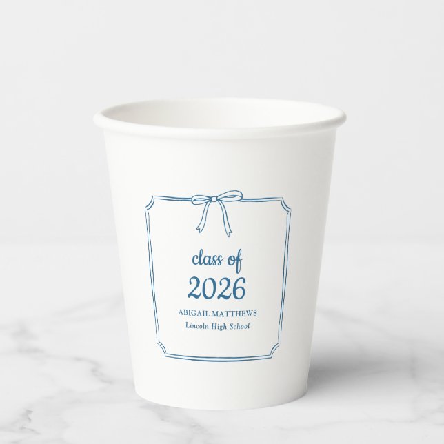 Elegant Whimsical Bow Blue Custom Graduation Favor Paper Cups (Front)