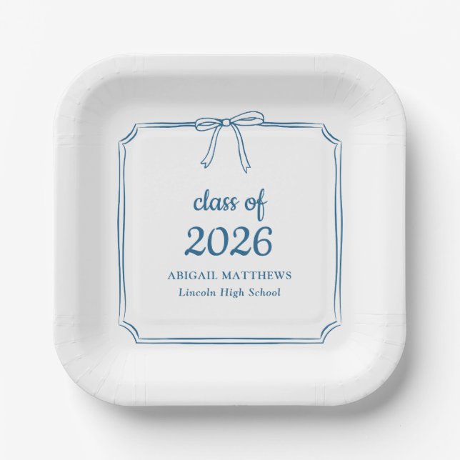 Elegant Whimsical Bow Blue Custom Graduation Favor Paper Plates (Front)