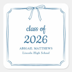 Elegant Whimsical Bow Blue Custom Graduation Favor Square Sticker
