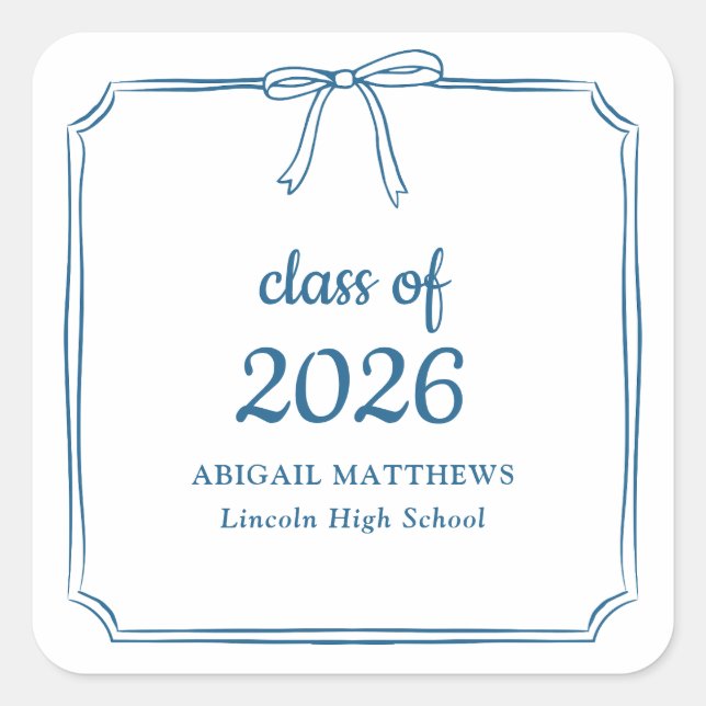 Elegant Whimsical Bow Blue Custom Graduation Favor Square Sticker (Front)