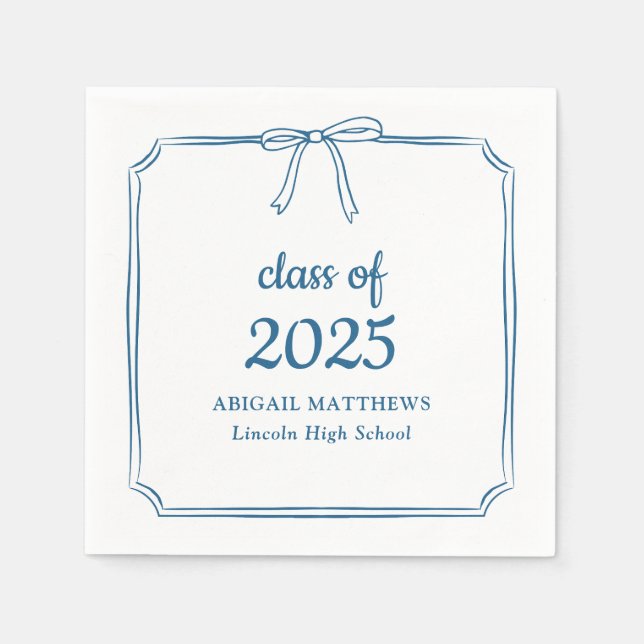 Elegant Whimsical Bow Blue Custom Graduation Napkins (Front)