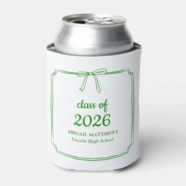 Elegant Whimsical Bow Green Custom Graduation Can Cooler (Can Front)