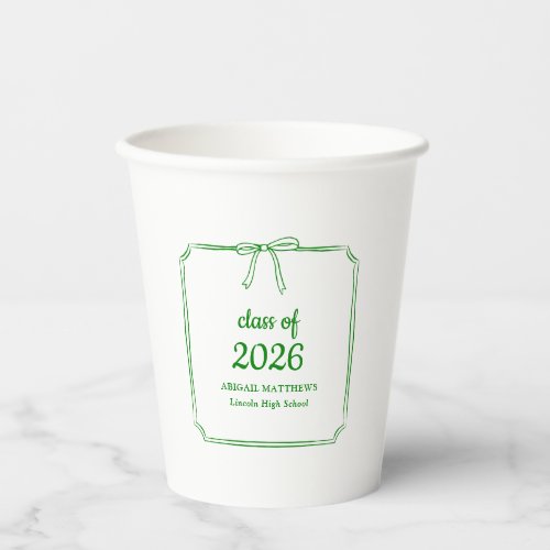 Elegant Whimsical Bow Green Custom Graduation Paper Cups