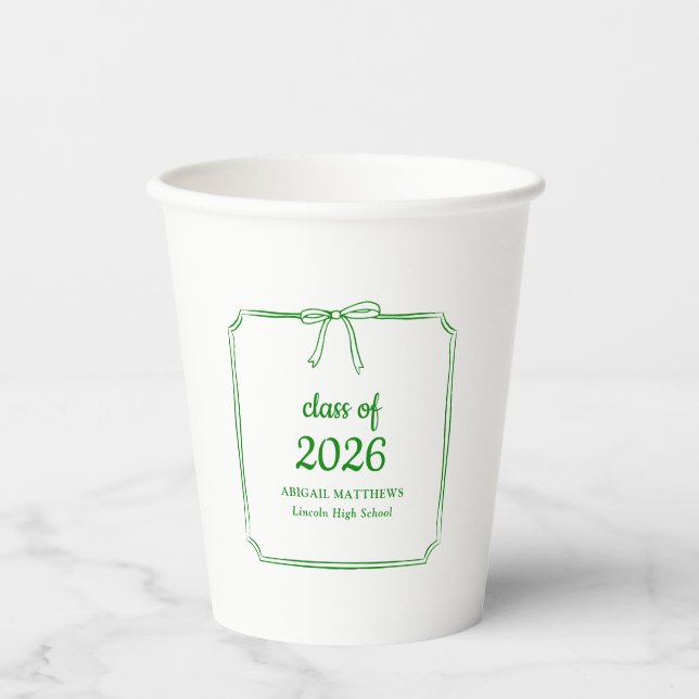 Elegant Whimsical Bow Green Custom Graduation Paper Cups (Front)
