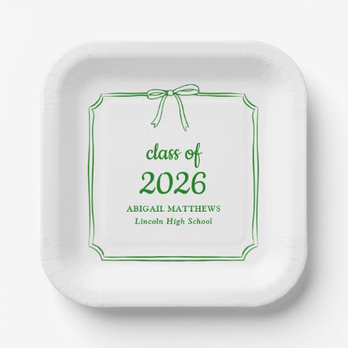 Elegant Whimsical Bow Green Custom Graduation Paper Plates
