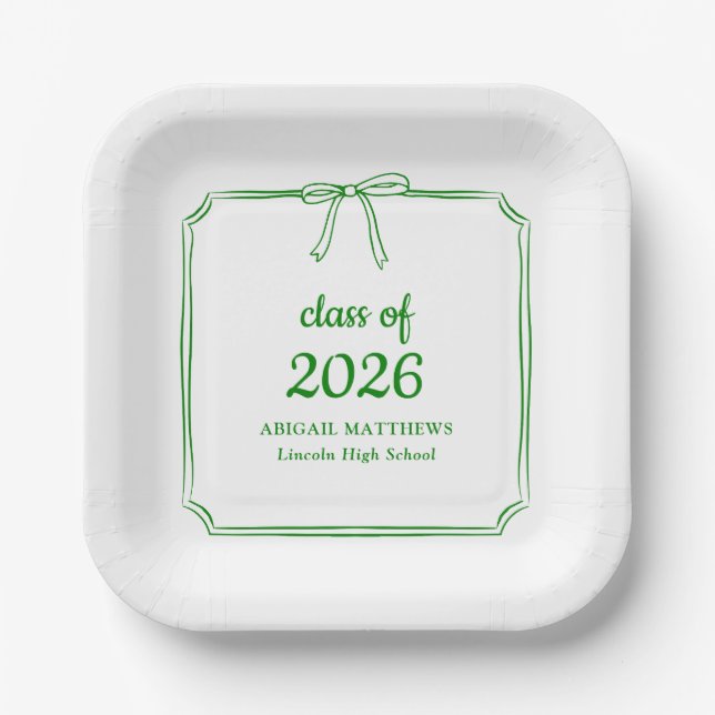 Elegant Whimsical Bow Green Custom Graduation Paper Plates (Front)
