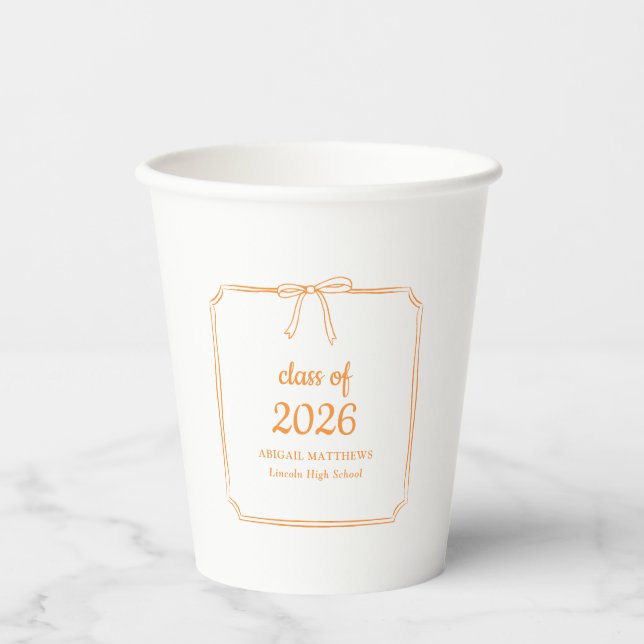 Elegant Whimsical Bow Orange Custom Graduation Paper Cups (Front)