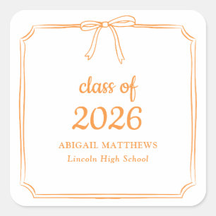 Elegant Whimsical Bow Orange Custom Graduation Square Sticker
