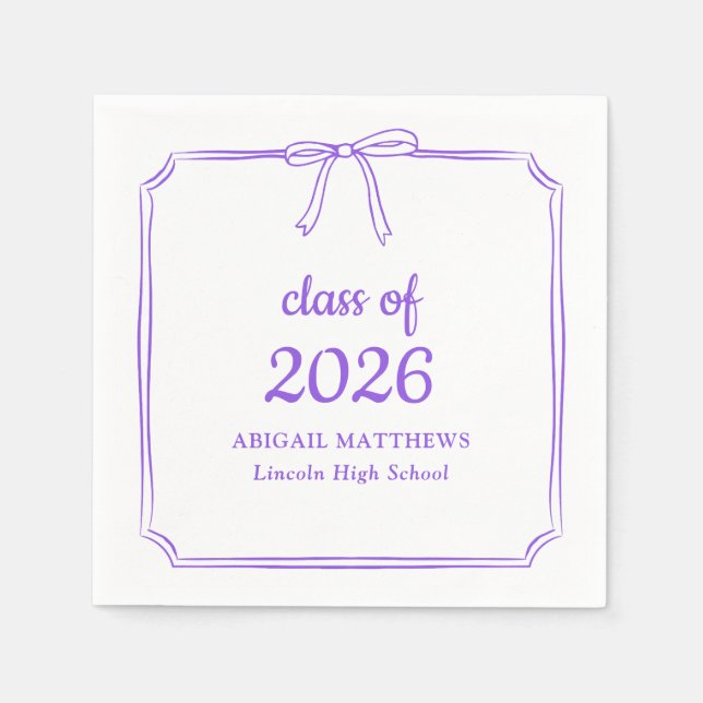 Elegant Whimsical Bow Purple Custom Graduation Napkins (Front)