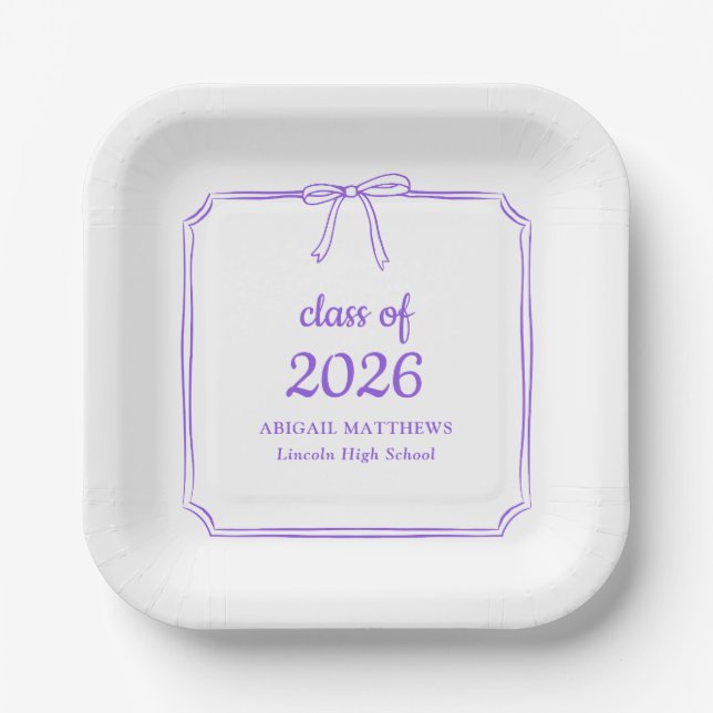 Elegant Whimsical Bow Purple Custom Graduation Paper Plates (Front)