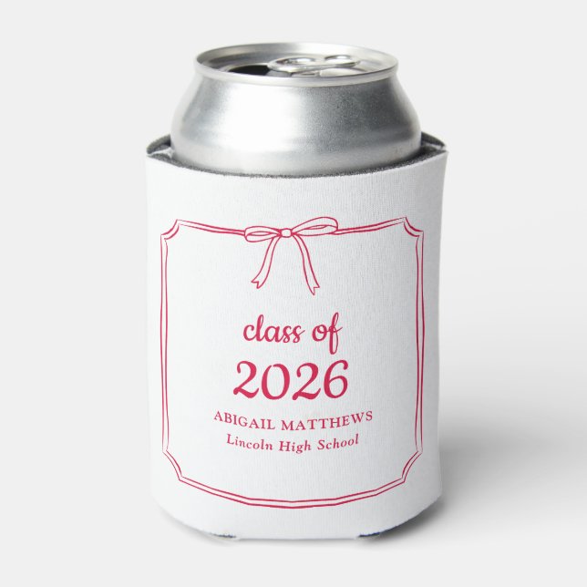 Elegant Whimsical Bow Red Custom Graduation Favor Can Cooler (Can Front)