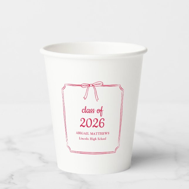Elegant Whimsical Bow Red Custom Graduation Favor Paper Cups (Front)