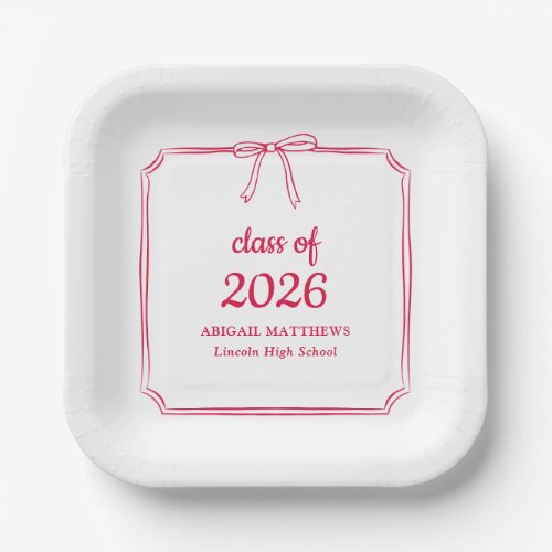 Elegant Whimsical Bow Red Custom Graduation Favor Paper Plates