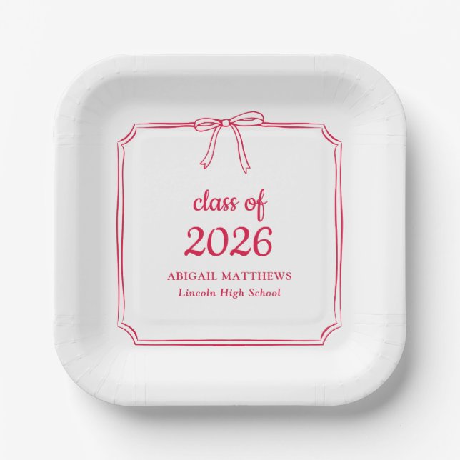 Elegant Whimsical Bow Red Custom Graduation Favor Paper Plates (Front)