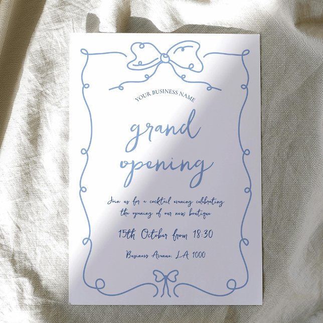 Elegant Whimsical Bows Blue Business Opening Event Invitation (Elegant hand-drawn business grand opening invitation with handwritten style font in blue and white)