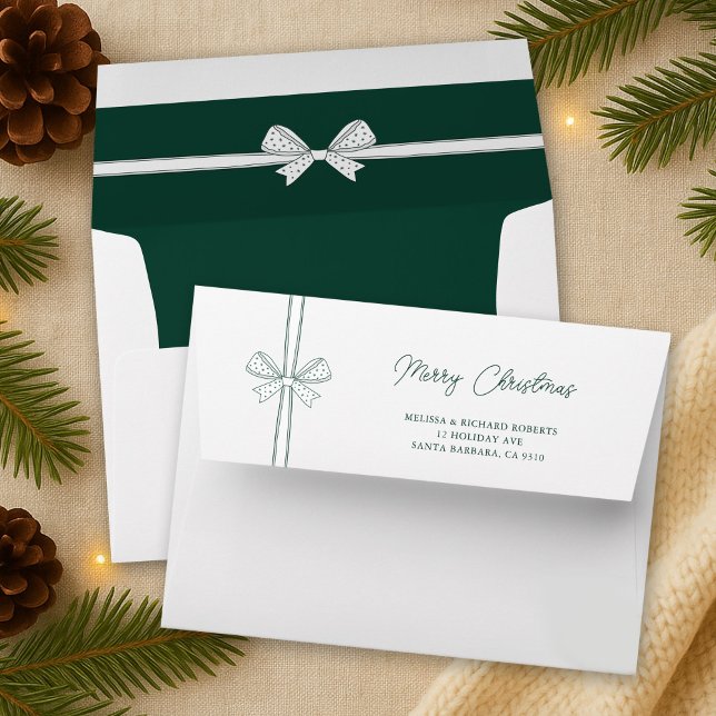 Elegant Whimsical Bows Green White Merry Christmas Envelope (Elegant ribbon and bow green and white Christmas envelopes)