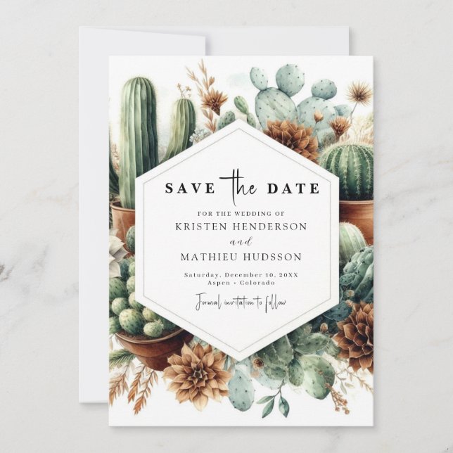 Elegant Whimsical Cactus Wedding Save The Date (Front)