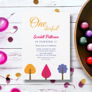 Elegant Whimsical Colorful Tree Fall 1st Birthday Invitation