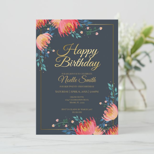 Elegant, Whimsical Flowers, Dark Blue, Gold Accent Invitation (Standing Front)