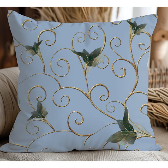 Elegant Whimsical Gold Floral Pattern Light Blue Throw Pillow (Creator Uploaded)
