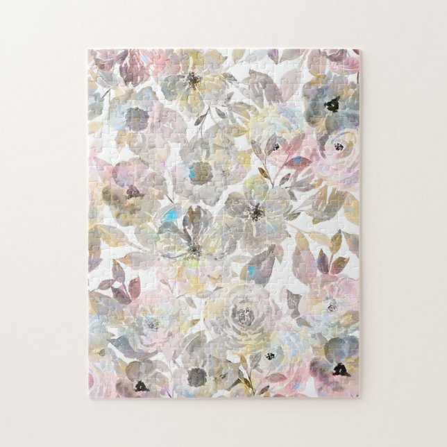 Elegant whimsical grey watercolor roses jigsaw puzzle (Vertical)