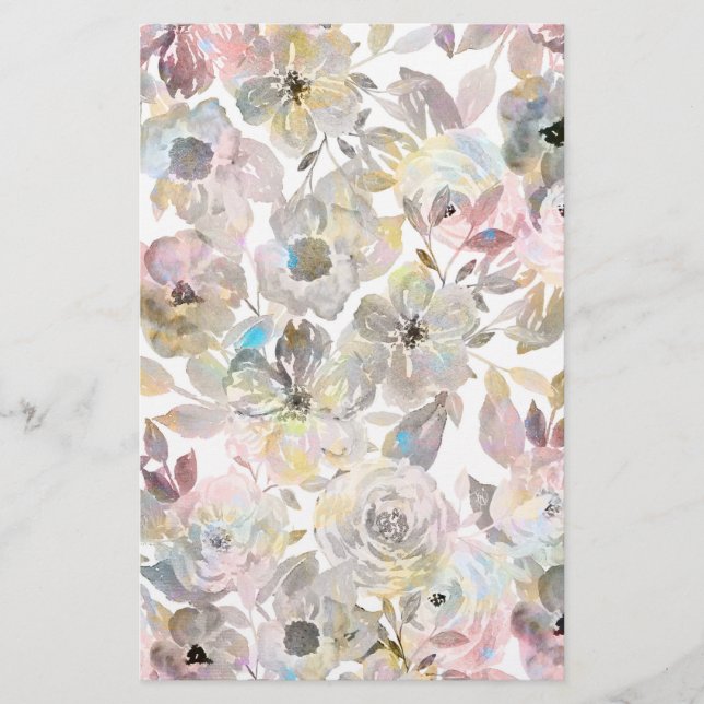 Elegant whimsical grey watercolor roses stationery (Front)