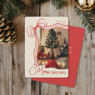 Elegant Whimsical Hand Drawn Red Bow Christmas Holiday Card