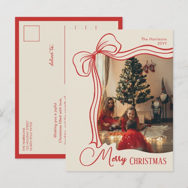 Elegant Whimsical Hand Drawn Red Bow Christmas Holiday Postcard (Front/Back)