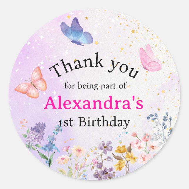 Elegant whimsical pink & purple butterfly floral classic round sticker (Front)