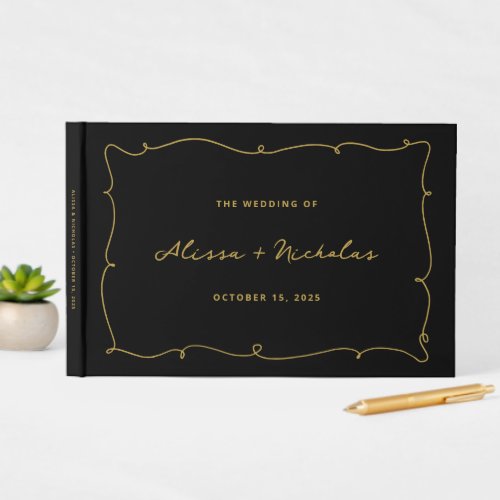 Elegant Whimsical Vintage Black and Gold Wedding  Guest Book