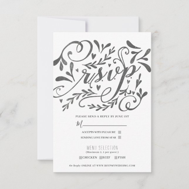 Elegant Whimsical Vintage Lettering Chalk Wedding RSVP Card (Front)